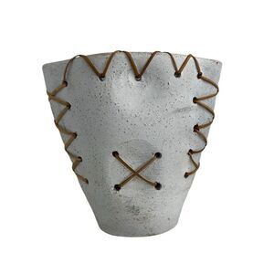 Vintage Minimalist Asian Pottery Vase 7 3/4" White Ceramic with Woven Rattan
